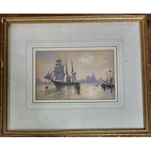 98 - A 19th Century Watercolour of an estuary scene with ship in full sail, no apparent signature. 12 x 1... 