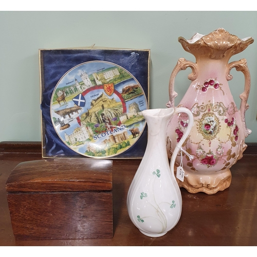 94 - A grouped lot to include A Belleek Vase , decorative wall plate, 19th Century Vase and a wooden Ciga... 