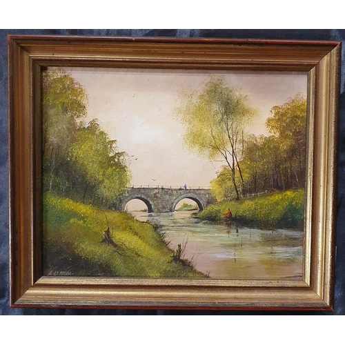 105 - A 19th early 20th Century Oil On Board of two people fishing, one off a bridge . 25 x 21 cm approx.