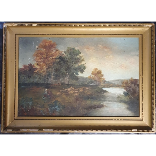 112 - A 19th Century Oil on Canvas of sheep and sheepherder beside a lake. Indistinctly signed LL. (slight... 