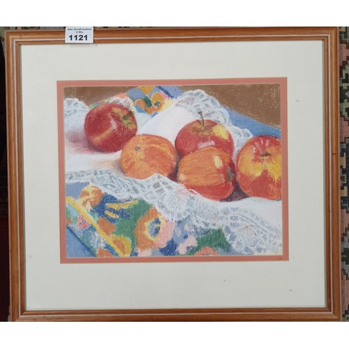 124 - A 20th Century Pastel still life of fruit in a bowl on a table setting. 22 x 28 cm approx.