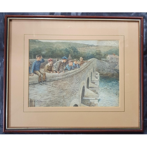 149 - A 19th Century Watercolour of children looking over a bridge , signed LL. 24 x 32 cm approx.