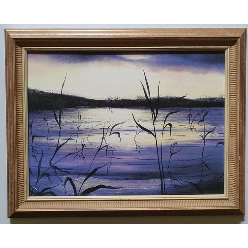 154 - A 20th Century Oil on Canvas of a scene at dusk. Indistinctly signed LR. In a good frame. 37 x 50  c... 