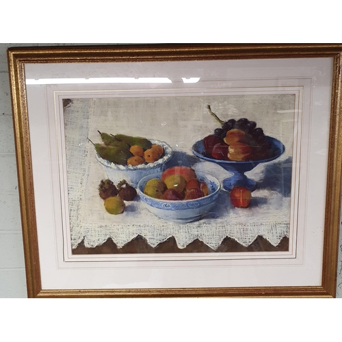 163 - A large 20th Century Pastel on paper, Still life of fruit in bowls on a table setting, bears signatu... 