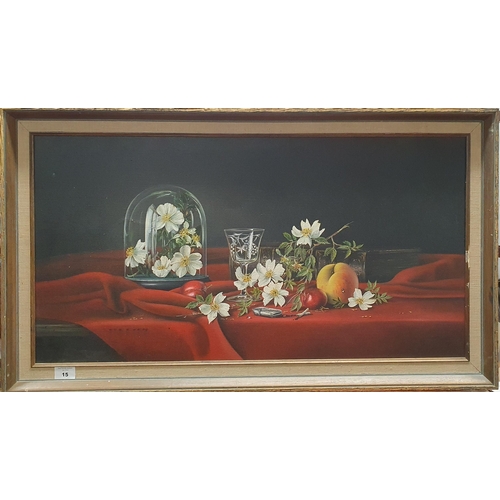 222 - A 20th Century Oil on Canvas still life of fruit and flowers on a table setting. By Ted Dyre signed ... 