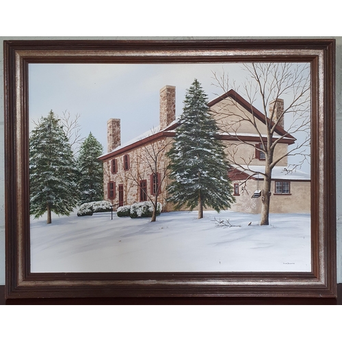 262 - A 20th Century Oil on Canvas of a house in a snowy scene by Sue Browne. Signed LR. 45 x 60 cm approx... 