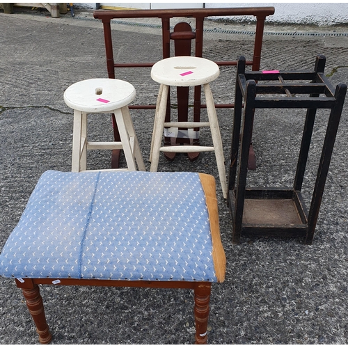 275 - A Group  of furniture to consist of a 19th Century painted wardrobe , stools, umbrella stand, towel ... 