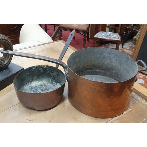 280 - A very large 19th, possibly 18th Century, Copper Saucepan with cast iron handle along with another. ... 