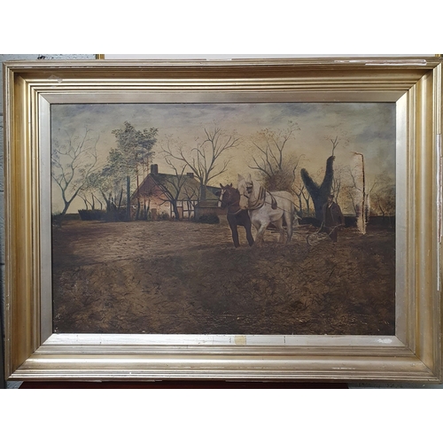 291 - A large 19th Century Oil on Canvas of a farmer ploughing his field in a silvered gilt frame. (with f... 