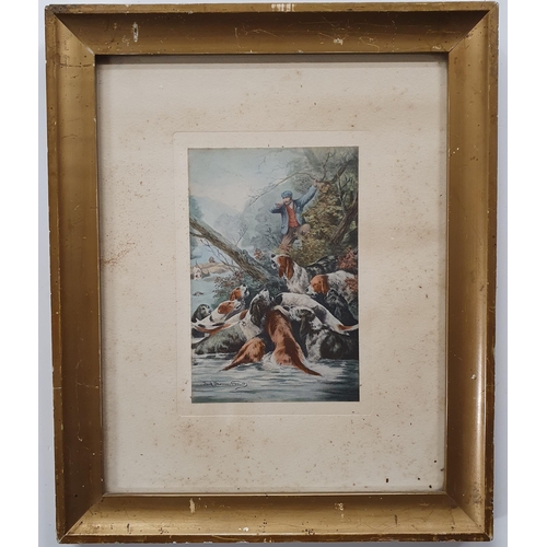 305 - Fred Thomas Smith. A 19th Century Watercolour of Hounds on the hunt. Signed LL.
 16 x 10 cm approx.