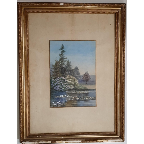 369 - An early 20th Century Watercolour of a lily pond. Signed H S Scott and dated 1911. In a gilt frame. ... 