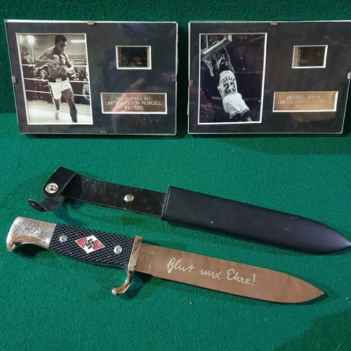 373 - A mixed lot to include a Michael Jordan and Muhammad Ali Film cell and a Knife in  holder.