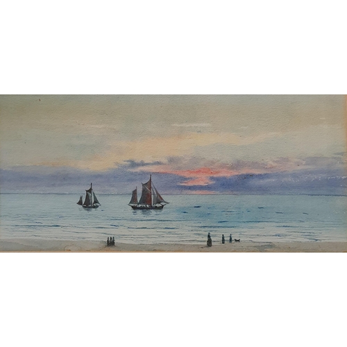 542 - A 20th Century Watercolour Twilight, by O Tankerville of people walking by the sea with ships in ful... 