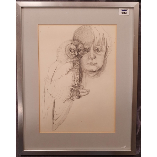 561 - A framed pencil unusual Drawing of an owl and a girl.