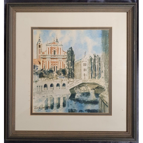 573 - Two 20th Century Watercolours, one of a Venetian scene and the other of a lake. Indistinctly signed ... 