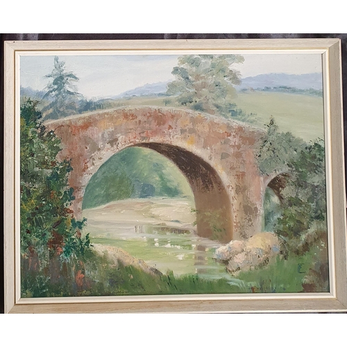 574 - A 20th Century Oil on Board of a bridge scene. Monogrammed F E L  LR. H 35 x W 45 cm approx.