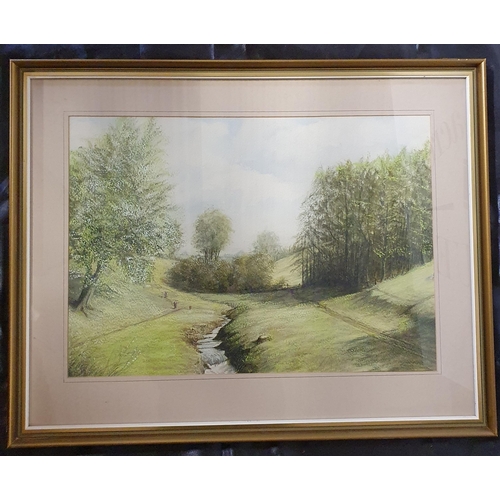 577 - A 20th Century Pastel of people walking along a path and stream no apparent signature. 32 x 46cm app... 