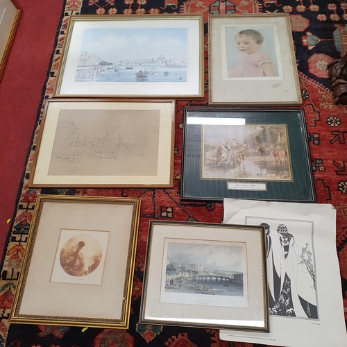 603 - A boxed of picture Frames, Prints , Engravings and Pencil Drawings.