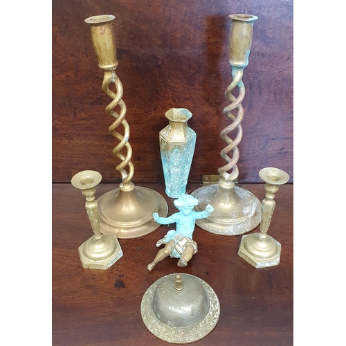 608 - A good quantity of vintage items to include school bells, candlesticks, stoneware etc.