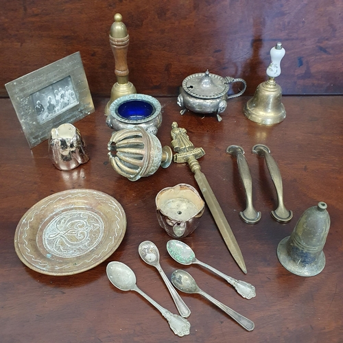 608 - A good quantity of vintage items to include school bells, candlesticks, stoneware etc.