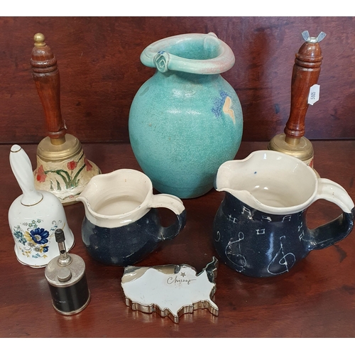 608 - A good quantity of vintage items to include school bells, candlesticks, stoneware etc.