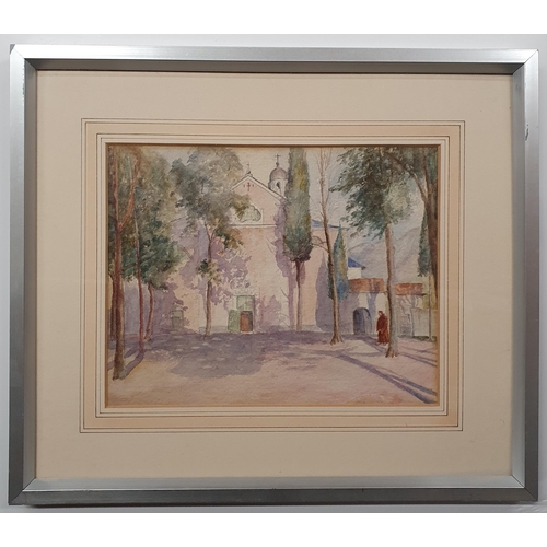 633 - A 20th Century Watercolour of a church scene with a monk walking by. No apparent signature.
H 19 x W... 