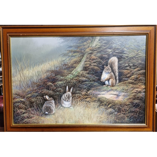 644 - Sold on Behalf of Charity, uncollected Lot.
A modern Oil On Canvas of a squirrel and two young rabbi... 