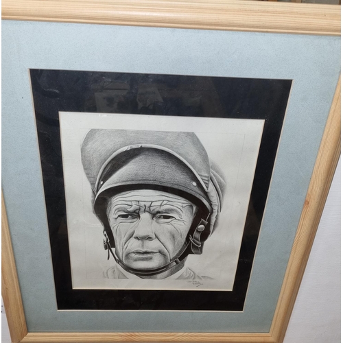 677 - A 20th Century black and white Print of Lester Piggott. Signed Chelle LR and dated 2000. 56 x 46 cm ... 