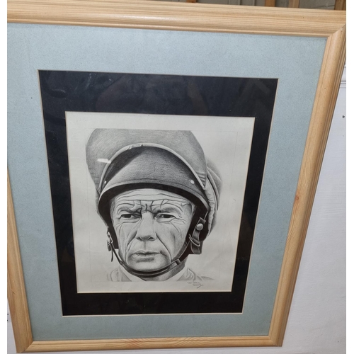 677 - A 20th Century black and white Print of Lester Piggott. Signed Chelle LR and dated 2000. 56 x 46 cm ... 