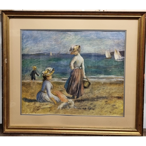 703 - A Print after Renoir. Two women on a beach with a child along with another coloured Print of a pensi... 