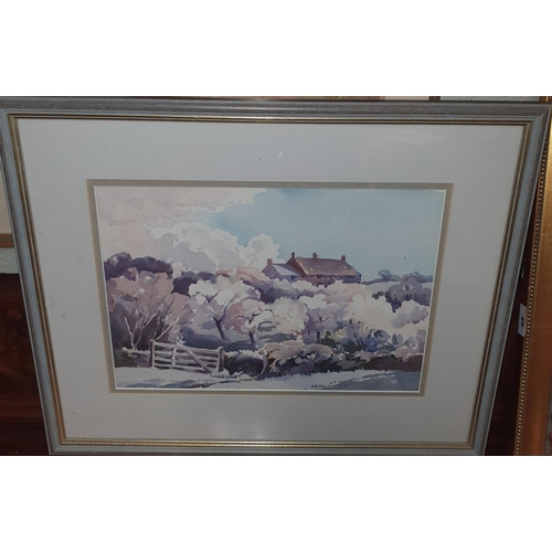 733 - A 20th Century Watercolour of a farm house with trees to the fore. Signed LR indistinctly. 25 x 35 c... 