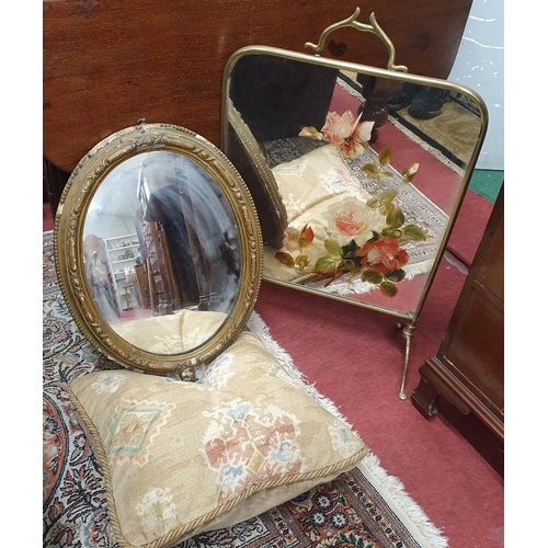 690 - A Grouped Lot to include an Oval Gilt Mirror, Brass and Mirrored Fire Screen and a Cushion.