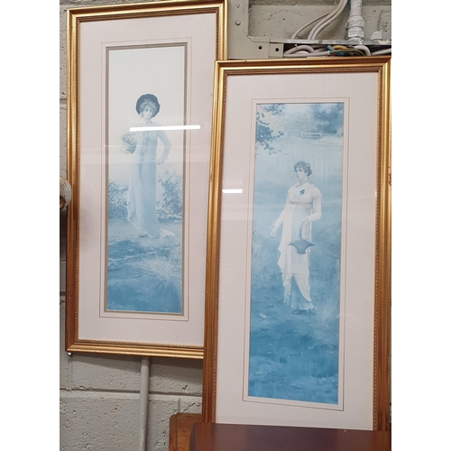 757 - A pair of coloured Prints of two Females in gilt frames. H 80 x W 36 cm approx.