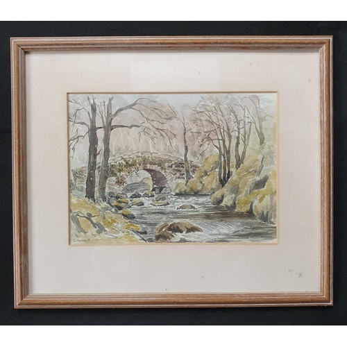 776 - Janet Moores. A 20th century Watercolour of a river scene with bridge. Signed LL. 17 x 24 cm approx.