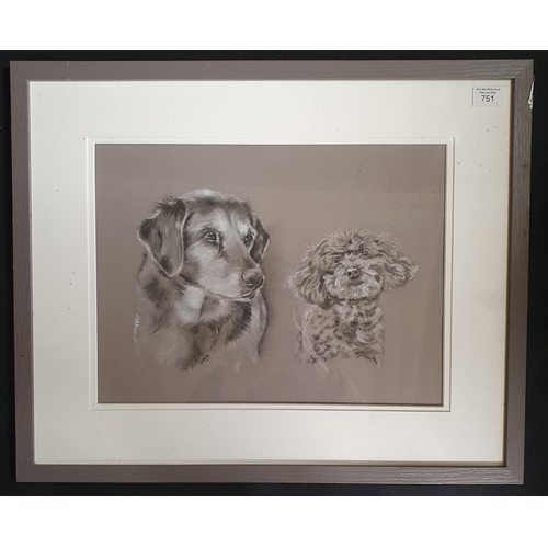 751 - Sold on Behalf of Charity, uncollected lot.
A 20th Century Pastel and Ink of two Dogs. Signed J Miln... 