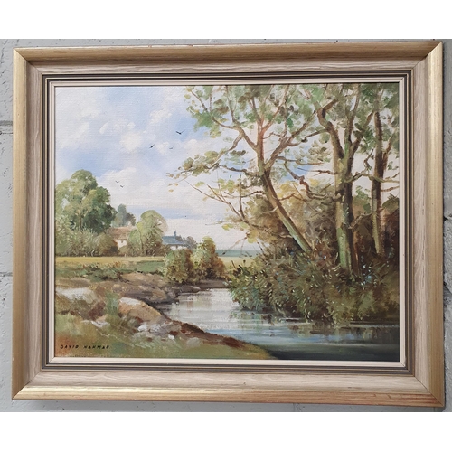 102 - David Nahmad; A 20th Century Oil On Canvas of a river scene with houses in the distance and birds in... 