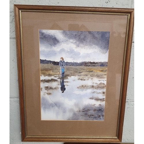 116 - Nora Godber; A 20th Century Watercolour of a Woman walking in a bog, signed LR. 36 x 25 cm approx.