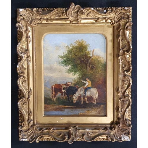 13 - A 19th Century Oil On Board of a man on horse back tending his cattle, no apparent signature in a go... 