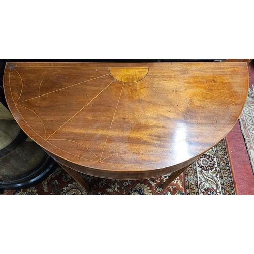 771 - A 19th Century Mahogany and inlaid demi lune Side Table on square tapered supports. H 75 x 43 cm app... 