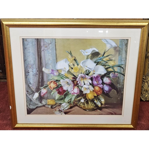 1131 - A good large coloured Print, still life of flowers on a table setting. H 78 x W 88 cm approx.