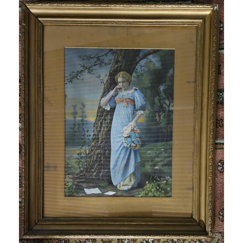 883 - A 19th Century coloured Print of a pensive Woman along with another. 63 x 75, 76 x 62 cm approx.