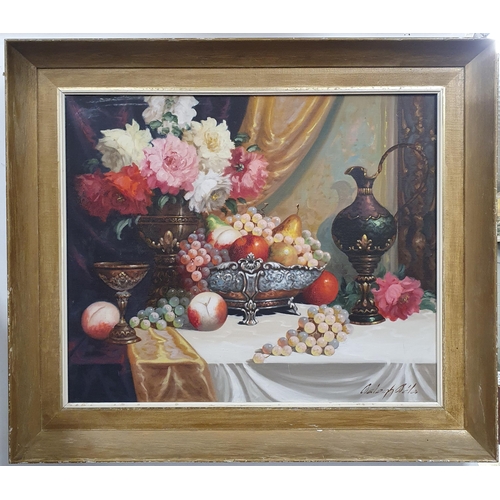 473 - A late 19th early 20th Century Oil On Canvas Still Life of Fruit on a table setting, indistinctly si... 