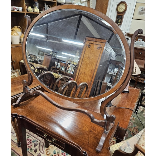 953 - An Edwardian Mahogany and inlaid oval crutch Mirror. W 80 x H 70 cm approx.