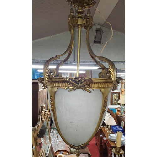 1154 - A very large Brass and etched cloudy glass hall Lantern. (Crack to glass).  H 90 x D 43 cm approx.