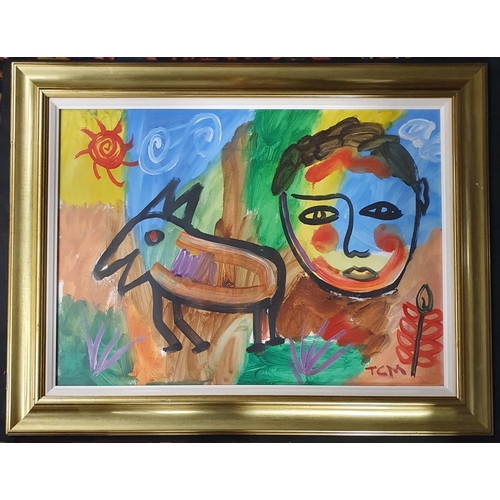 958 - T C Murphy. A 20th Century Acrylic on Paper 'Animal and face'. Monogrammed LR. With Apollo Gallery d... 