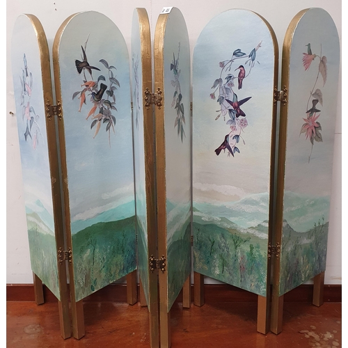 631 - A six divisional Table Screen with hand painted panels. Each panel 22 x H 76 cm approx.