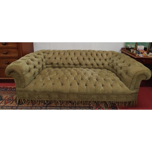 635 - Of really good quality. A large Chesterfield Sofa with green deep buttoned upholstery. W 215 x D 94 ... 