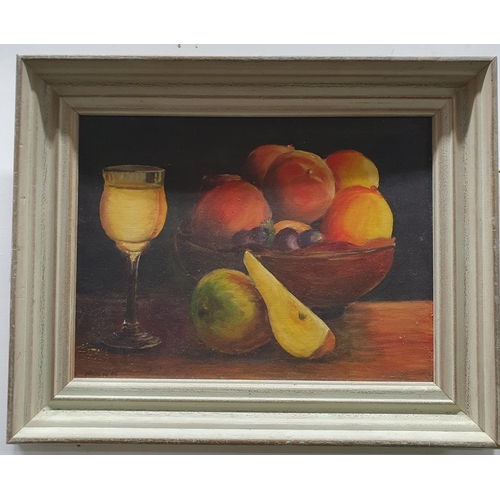 638 - A 20th Century Oil On Board Still Life of fruit on a table setting, signed M. Walshe LL and dated. 3... 