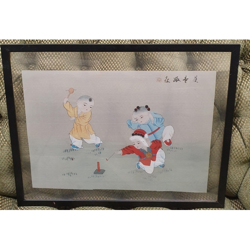 641 - A set of three Oriental Pictures on rice paper framed. 47 x 37 cm approx.