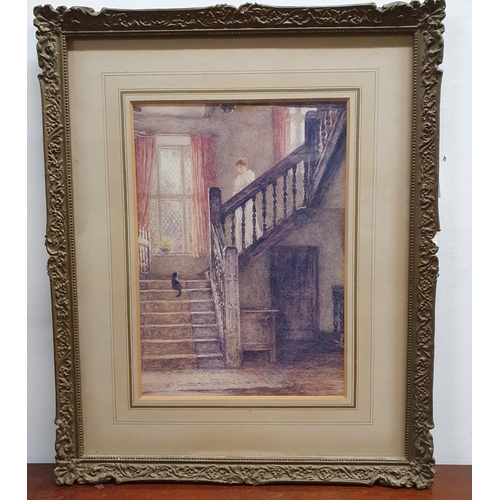 650 - A 19th Century colour Print of a cat on the stairs. 53 x 43 cm approx.